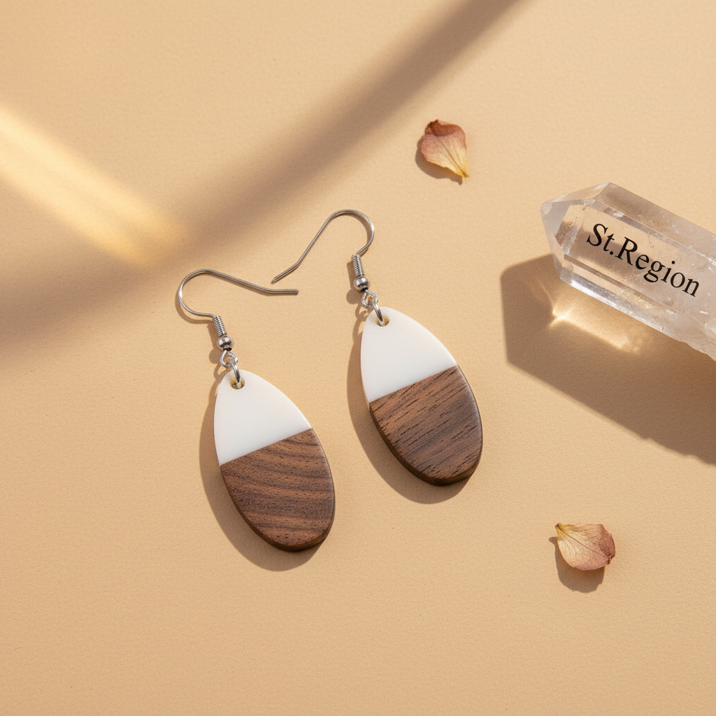 White Resin & Wood Silvertone Patchwork Teardrop Hook Earrings - Street Region