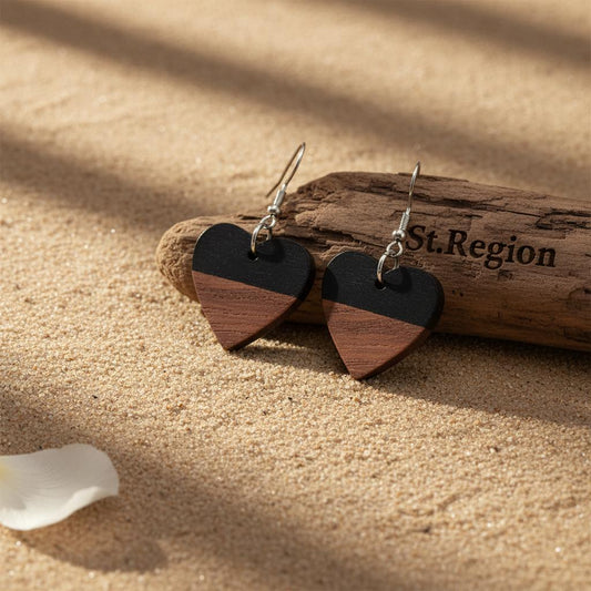 Black Resin and Wood Silvertone Heart Hook Earrings, gold drop earrings for women, botanical inspired, front view