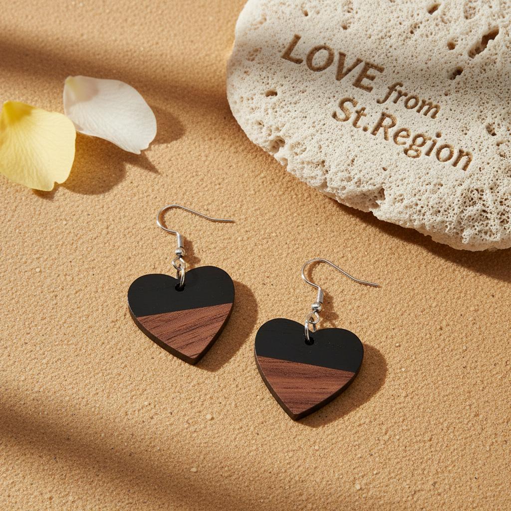 Black Resin and Wood Silvertone Heart Hook Earrings, silver drop earrings for women, botanical inspired, lifestyle look