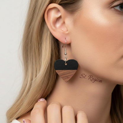 Black Resin and Wood Silvertone Heart Hook Earrings, silver drop earrings for women, botanical inspired, styled look