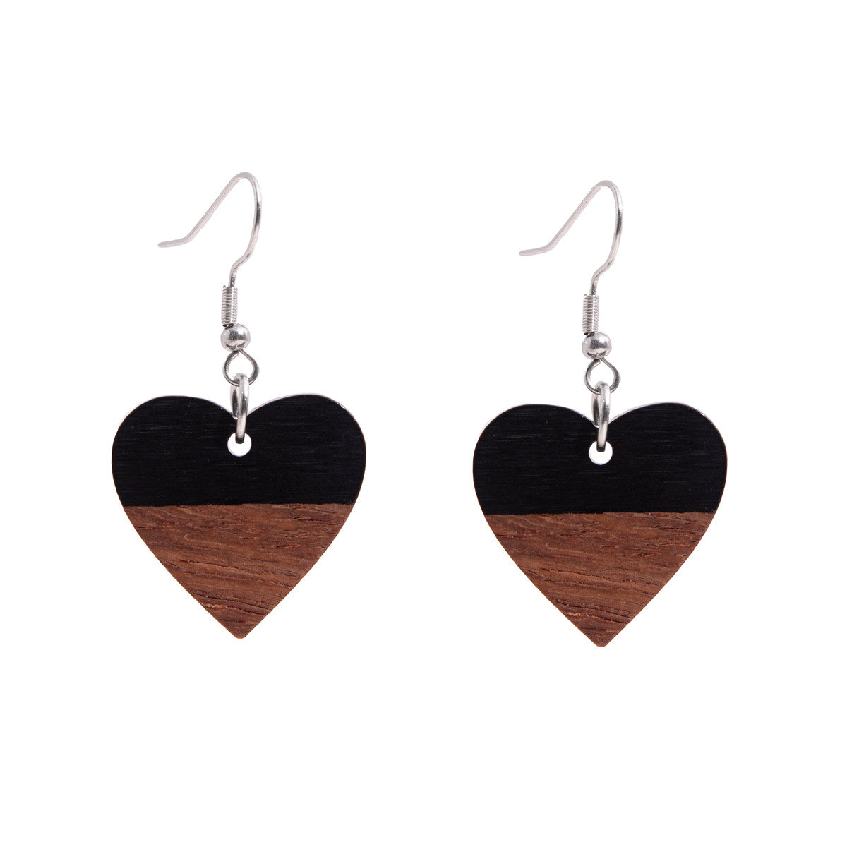 Black Resin & Wood Silvertone Heart Hook Earrings - Street Region