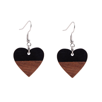 Black Resin & Wood Silvertone Heart Hook Earrings - Street Region