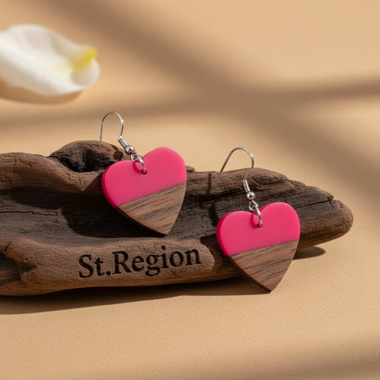 Rose Resin and Wood Silvertone Heart Hook Earrings, gold drop earrings for women, elegant gift for her, front view