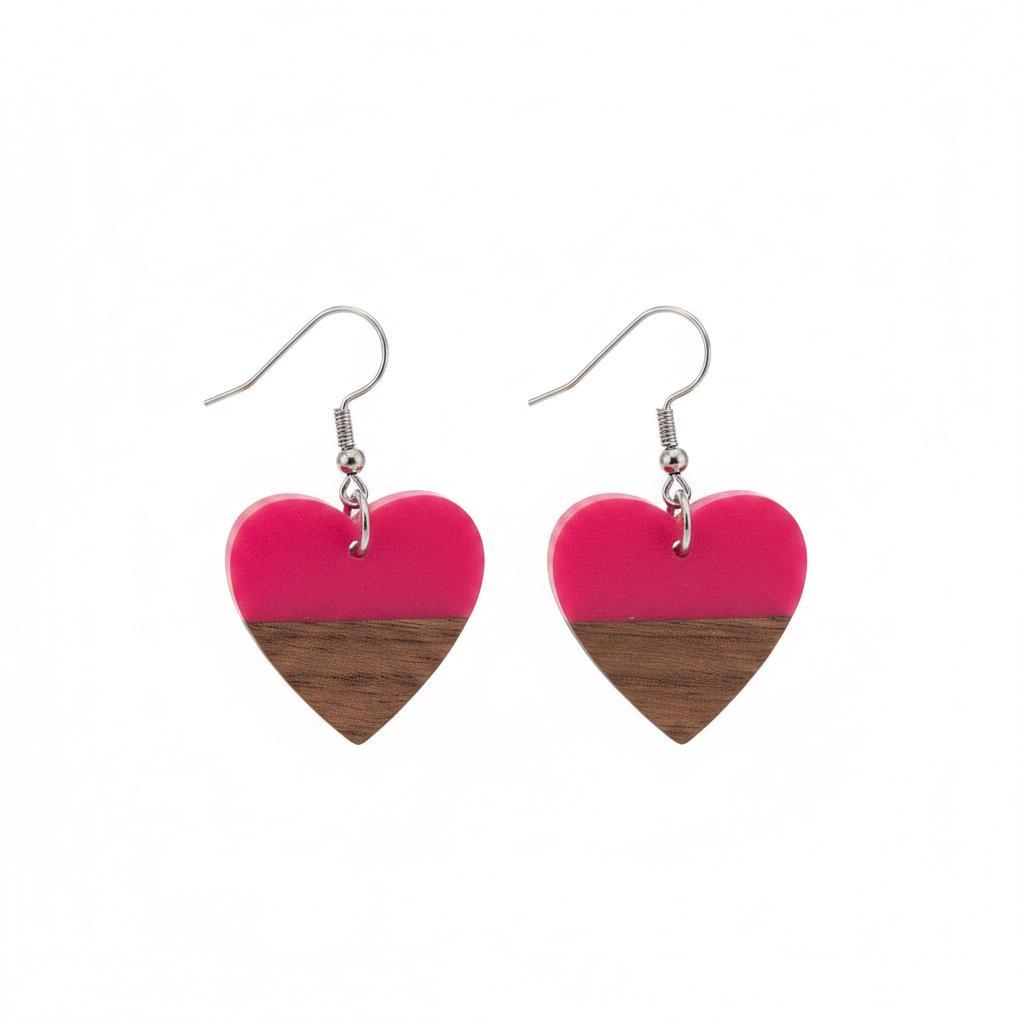 Rose Resin and Wood Silvertone Heart Hook Earrings, silver drop earrings for women, elegant gift for her, side view