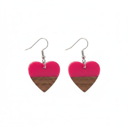 Rose Resin and Wood Silvertone Heart Hook Earrings, silver drop earrings for women, elegant gift for her, side view