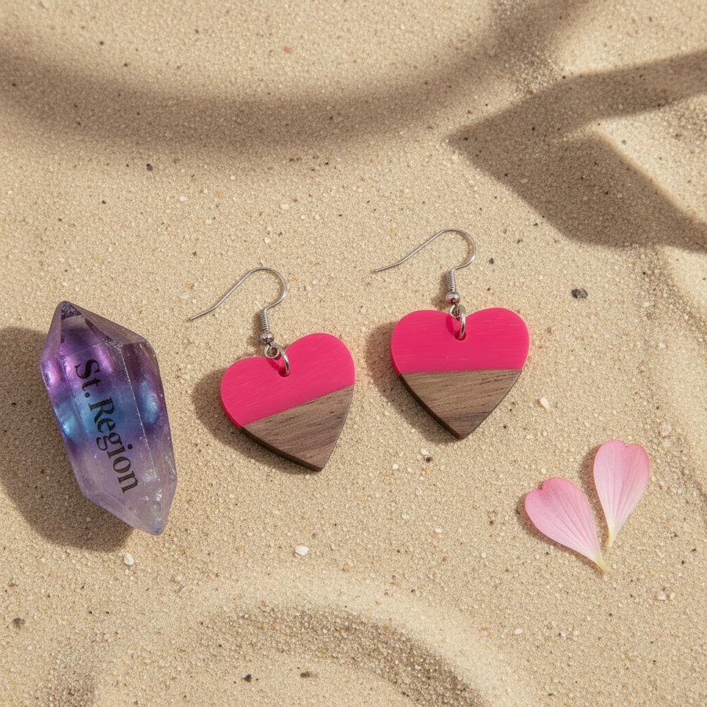 Rose Resin and Wood Silvertone Heart Hook Earrings, silver drop earrings for women, elegant gift for her, detail close-up