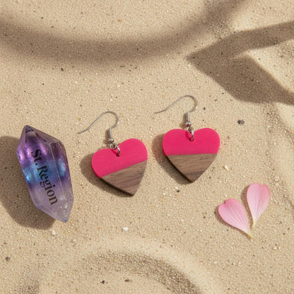 Rose Resin and Wood Silvertone Heart Hook Earrings, silver drop earrings for women, elegant gift for her, detail close-up