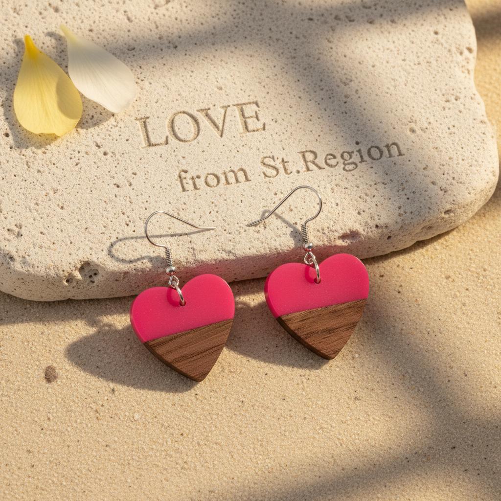 Rose Resin and Wood Silvertone Heart Hook Earrings, silver drop earrings for women, elegant gift for her, lifestyle look
