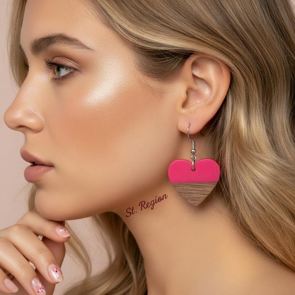 Rose Resin and Wood Silvertone Heart Hook Earrings, silver drop earrings for women, elegant gift for her, styled look