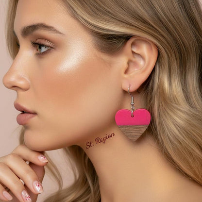 Rose Resin and Wood Silvertone Heart Hook Earrings, silver drop earrings for women, elegant gift for her, styled look