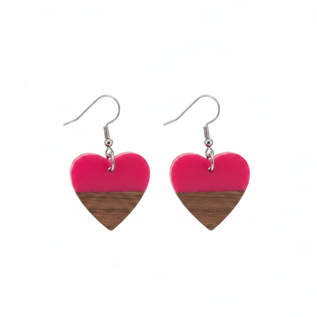 Rose Resin & Wood Silvertone Heart Hook Earrings - Street Region