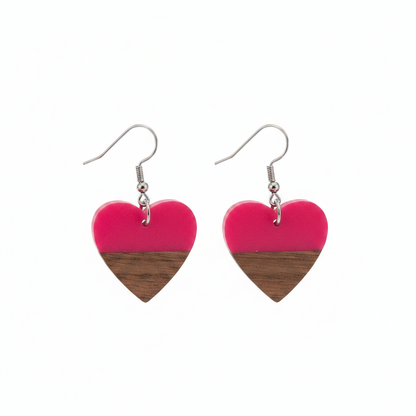 Rose Resin & Wood Silvertone Heart Hook Earrings - Street Region