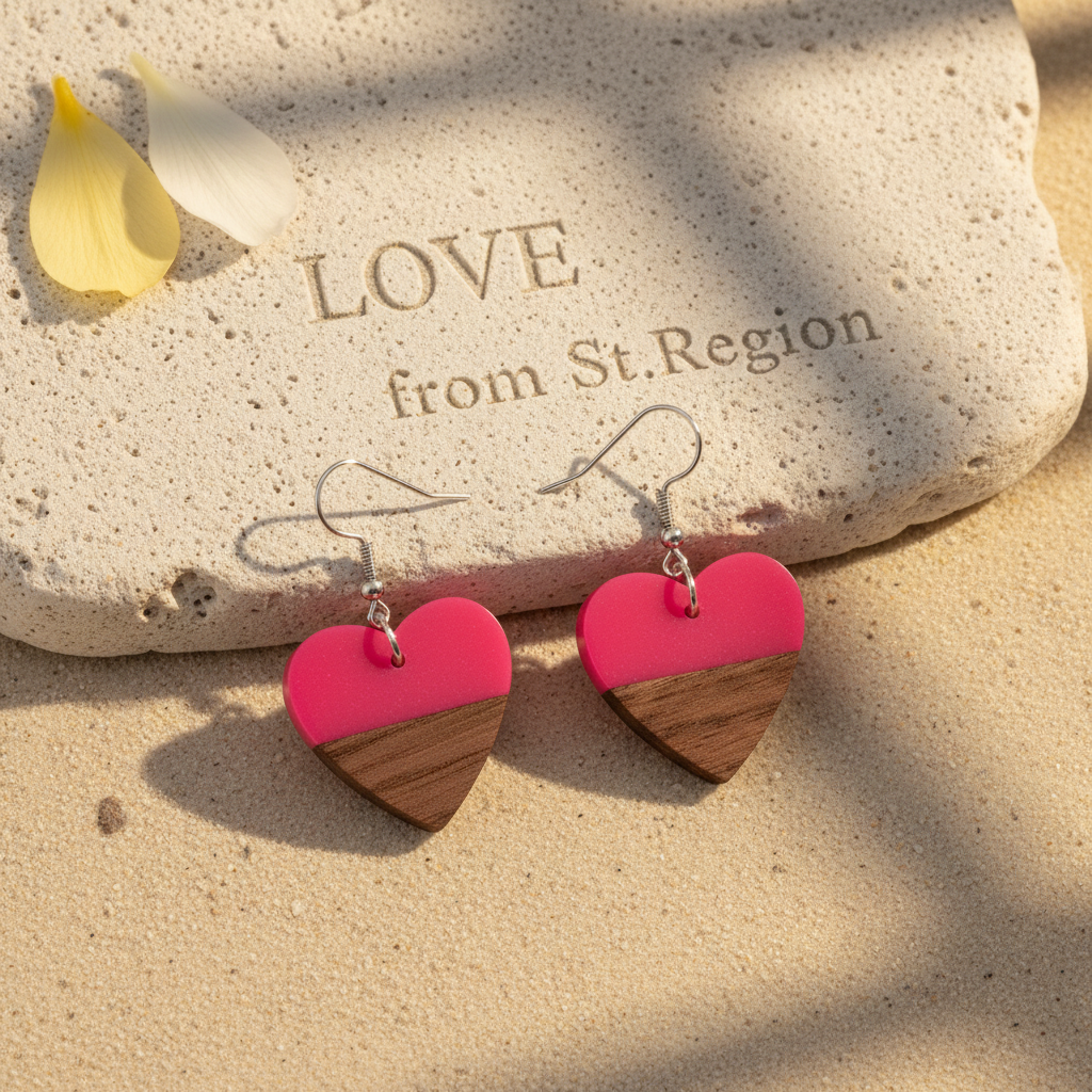 Rose Resin & Wood Silvertone Heart Hook Earrings - Street Region