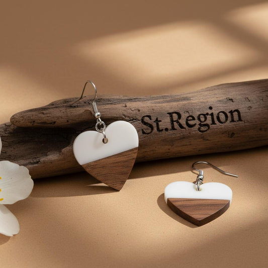 White Resin and Wood Silvertone Heart Hook Earrings, gold drop earrings for women, vintage-inspired design, front view