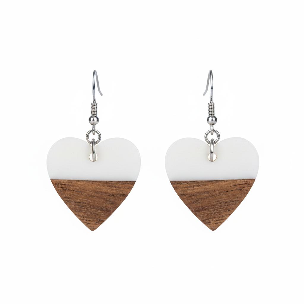 White Resin and Wood Silvertone Heart Hook Earrings, silver drop earrings for women, vintage-inspired design, side view