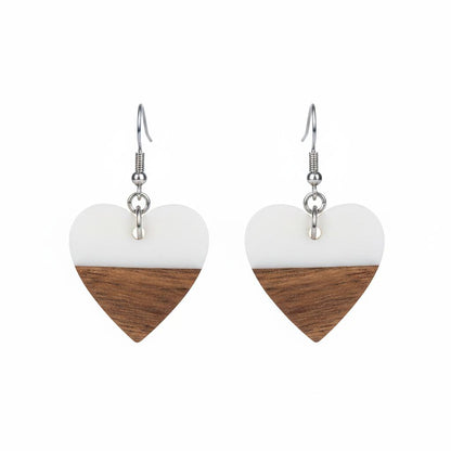 White Resin and Wood Silvertone Heart Hook Earrings, silver drop earrings for women, vintage-inspired design, side view
