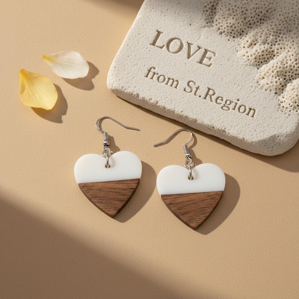 White Resin and Wood Silvertone Heart Hook Earrings, silver drop earrings for women, vintage-inspired design, lifestyle look