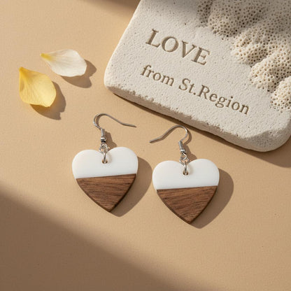 White Resin and Wood Silvertone Heart Hook Earrings, silver drop earrings for women, vintage-inspired design, lifestyle look