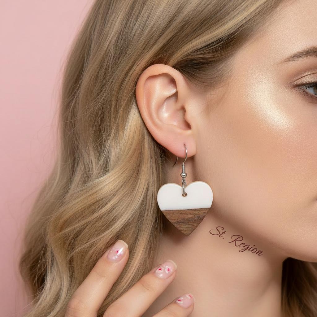 White Resin and Wood Silvertone Heart Hook Earrings, silver drop earrings for women, vintage-inspired design, styled look