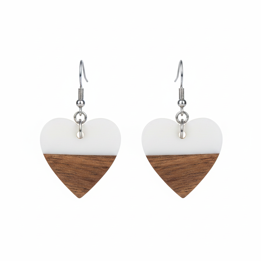 White Resin & Wood Silvertone Heart Hook Earrings - Street Region
