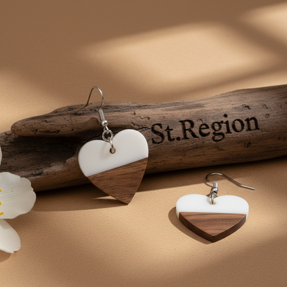 White Resin & Wood Silvertone Heart Hook Earrings - Street Region