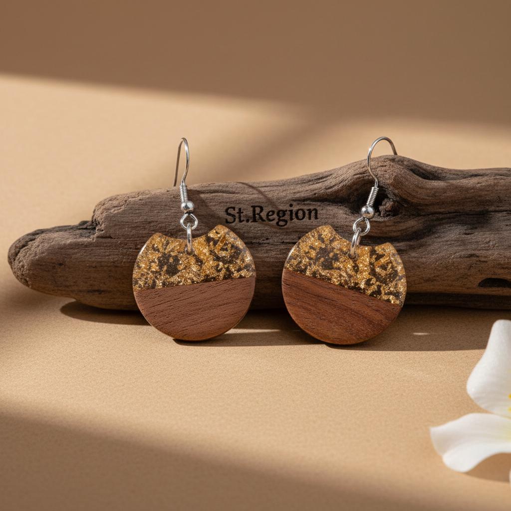 Clear Resin and Wood Silvertone Gold Foil Circular Hook Earrings, silver drop earrings for women, front view