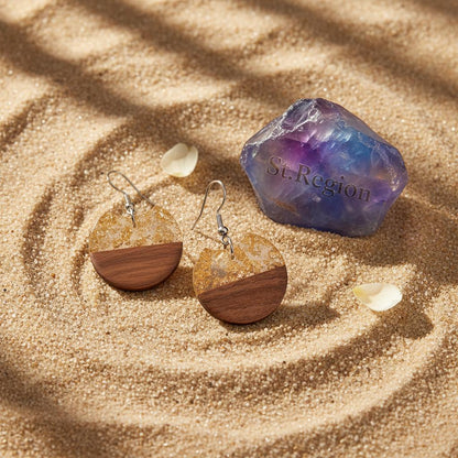 Clear Resin and Wood Silvertone Gold Foil Circular Hook Earrings, silver drop earrings for women, detail close-up