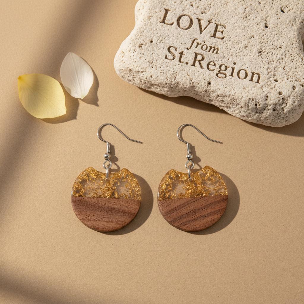 Clear Resin and Wood Silvertone Gold Foil Circular Hook Earrings, silver drop earrings for women, lifestyle look