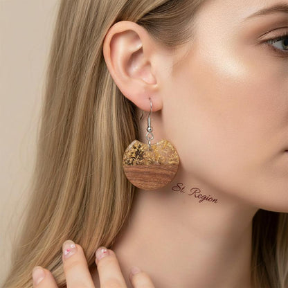 Clear Resin and Wood Silvertone Gold Foil Circular Hook Earrings, silver drop earrings for women, styled look