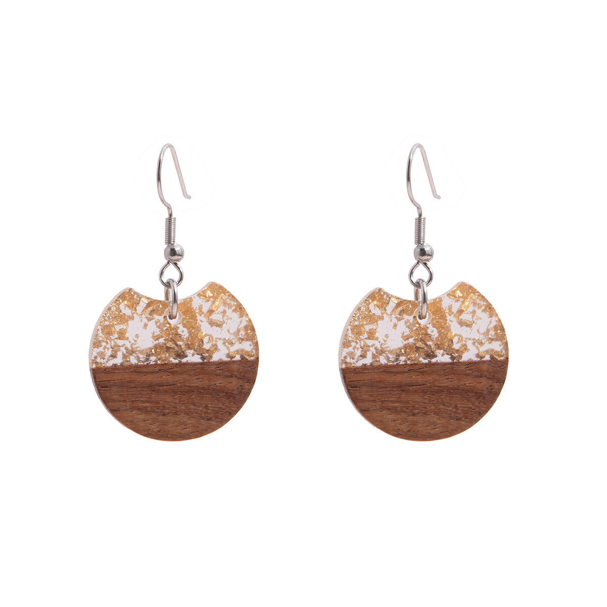Clear Resin & Wood Silvertone Gold Foil Circular Hook Earrings - Street Region