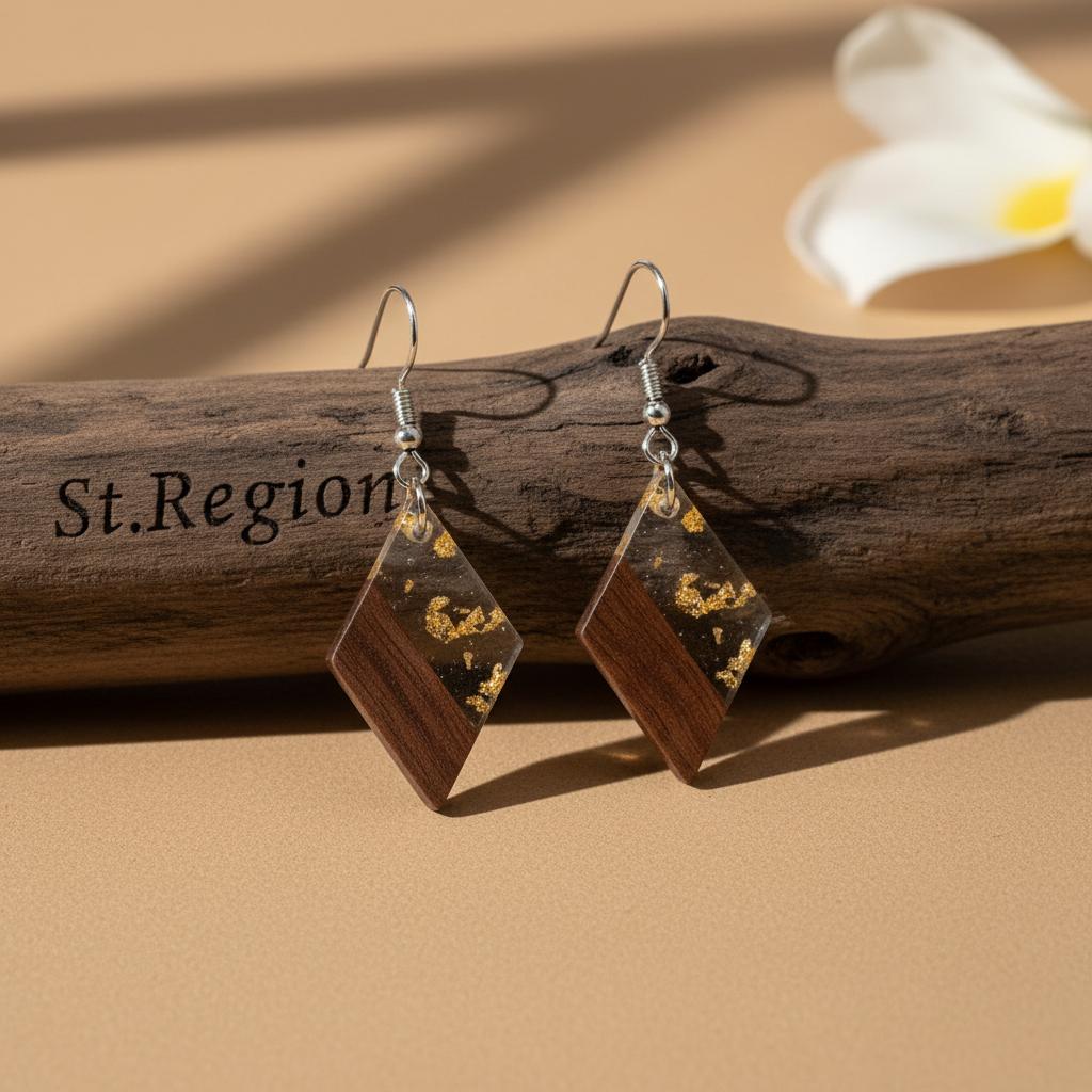 Clear Resin and Wood Silvertone Gold Foil Rhombus Hook Earrings, silver drop earrings for women, front view