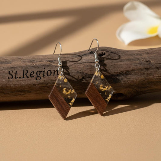 Clear Resin and Wood Silvertone Gold Foil Rhombus Hook Earrings, gold drop earrings for women, botanical inspired, front view