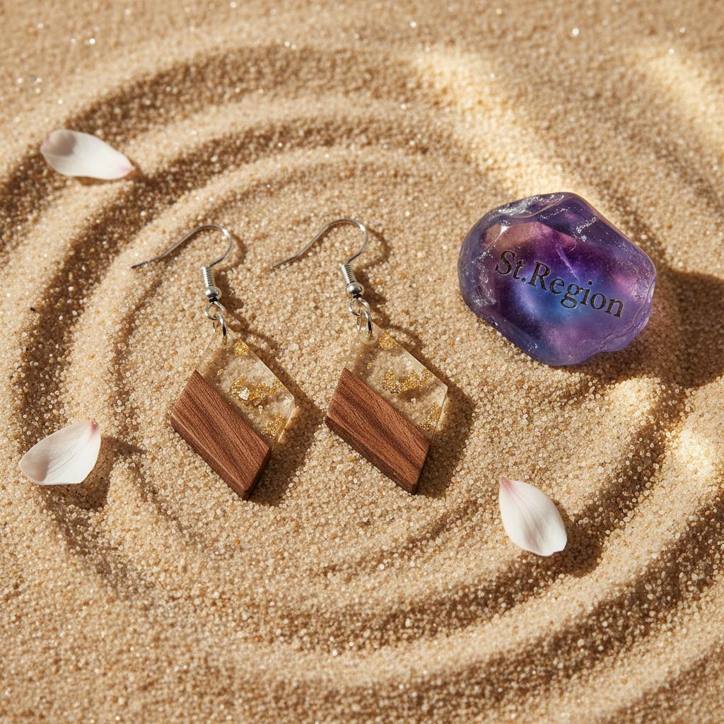 Clear Resin and Wood Silvertone Gold Foil Rhombus Hook Earrings, silver drop earrings for women, detail close-up