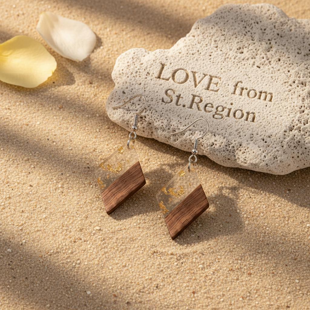 Clear Resin and Wood Silvertone Gold Foil Rhombus Hook Earrings, silver drop earrings for women, lifestyle look