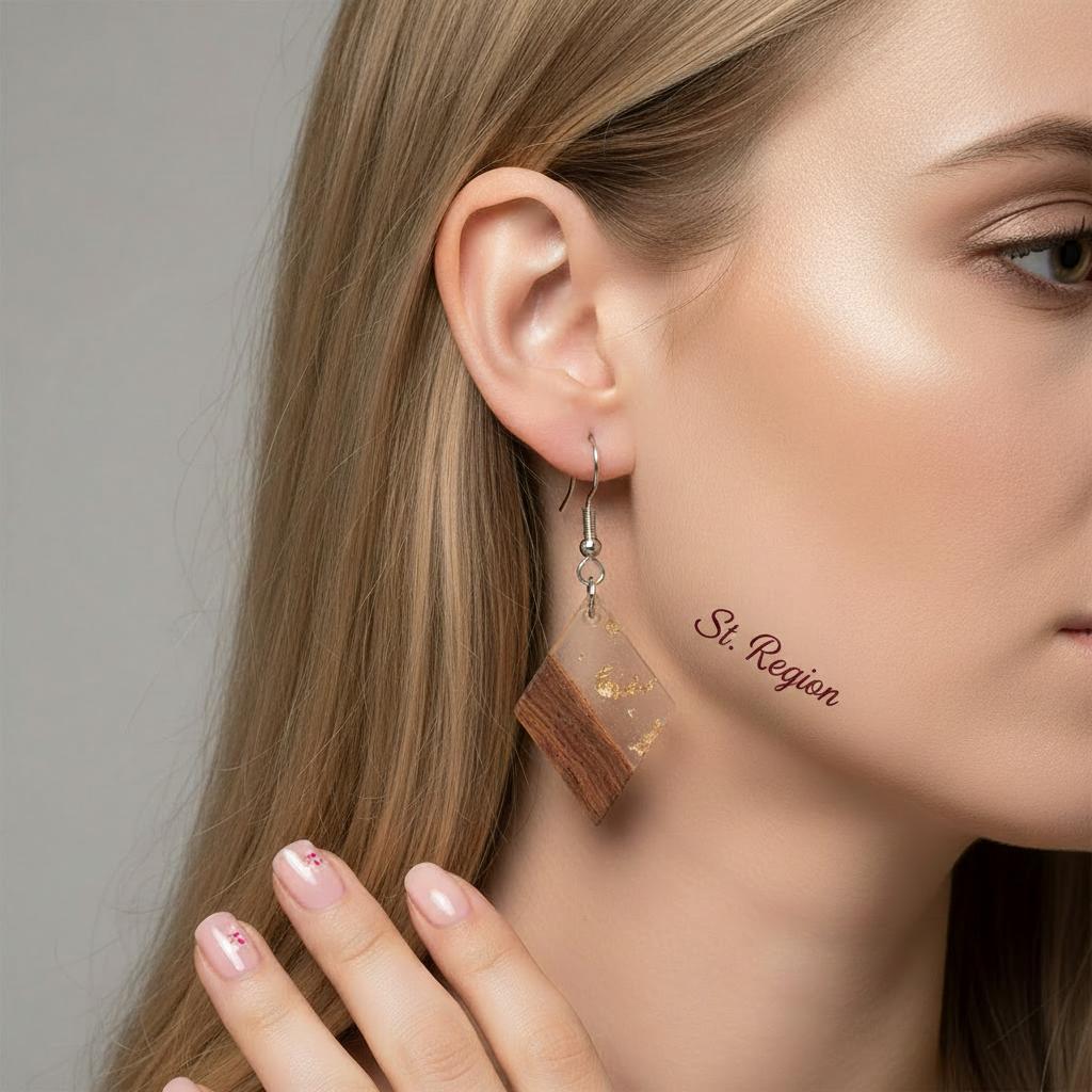 Clear Resin and Wood Silvertone Gold Foil Rhombus Hook Earrings, silver drop earrings for women, styled look