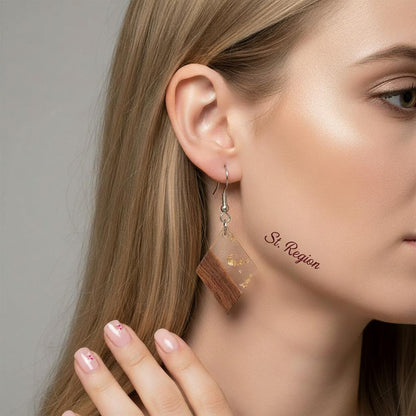 Clear Resin and Wood Silvertone Gold Foil Rhombus Hook Earrings, silver drop earrings for women, styled look