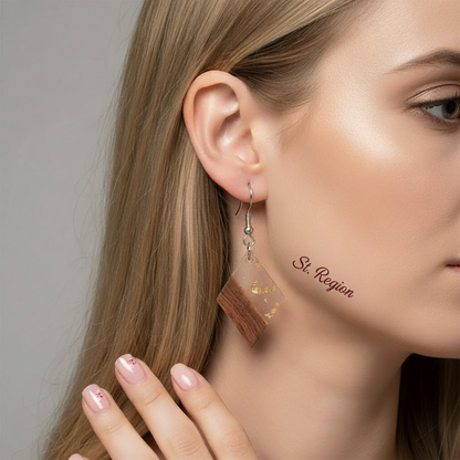 Clear Resin & Wood Silvertone Gold Foil Rhombus Hook Earrings - Street Region