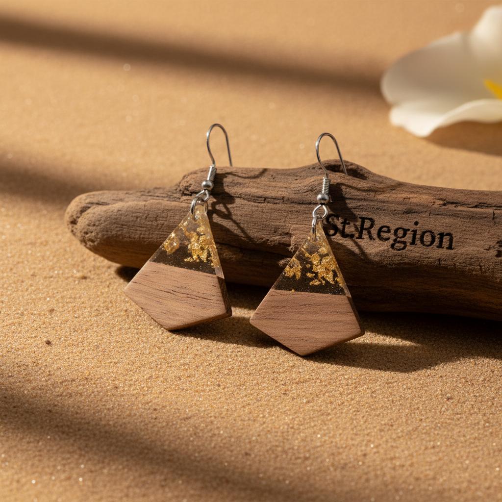 Clear Resin and Wood Silvertone Gold Foil Sheild Hook Earrings, silver drop earrings for women, everyday style, front view