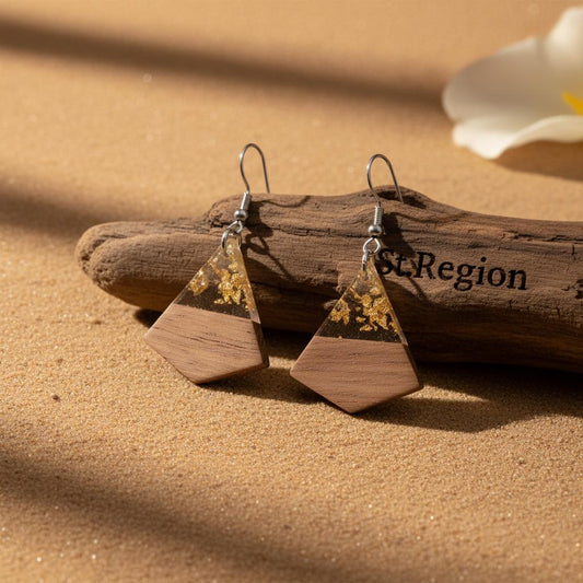 Clear Resin and Wood Silvertone Gold Foil Sheild Hook Earrings, gold drop earrings for women, everyday style, front view