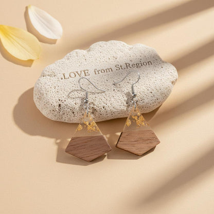 Clear Resin and Wood Silvertone Gold Foil Sheild Hook Earrings, silver drop earrings for women, lifestyle look