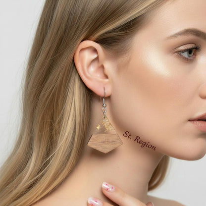 Clear Resin and Wood Silvertone Gold Foil Sheild Hook Earrings, silver drop earrings for women, everyday style, styled look
