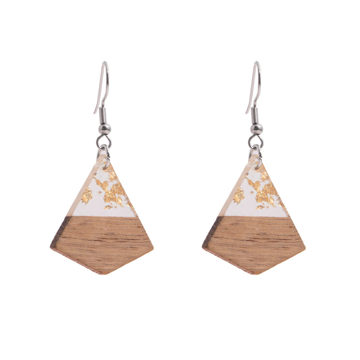 Clear Resin & Wood Silvertone Gold Foil Sheild Hook Earrings - Street Region