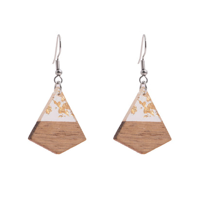 Clear Resin & Wood Silvertone Gold Foil Sheild Hook Earrings - Street Region