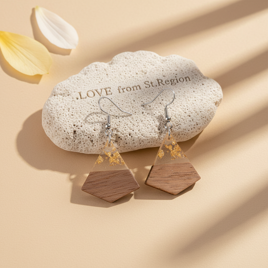 Clear Resin & Wood Silvertone Gold Foil Sheild Hook Earrings - Street Region