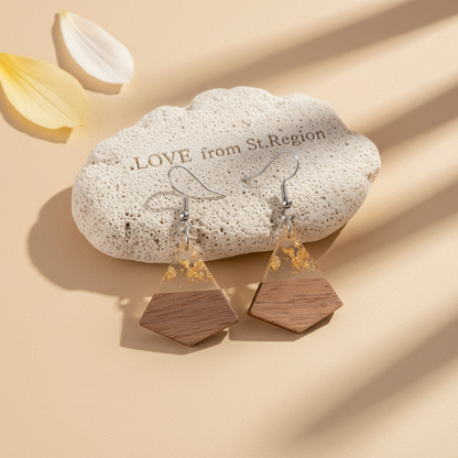 Clear Resin & Wood Silvertone Gold Foil Sheild Hook Earrings - Street Region