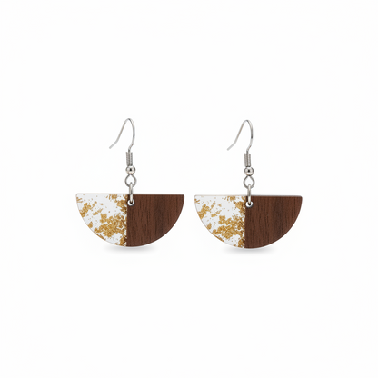 Clear Resin & Wood Silvertone Gold Foil Sector Hook Earrings - Street Region