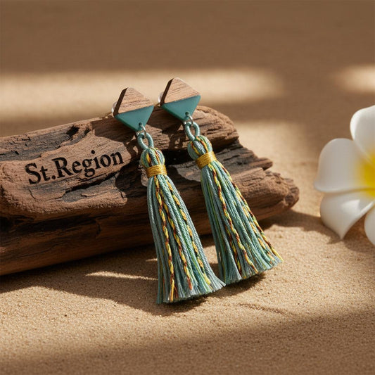 Green Polyster and Resin Wood Silvertone Tassel Statement Drop Earrings, gold drop earrings for women, front view