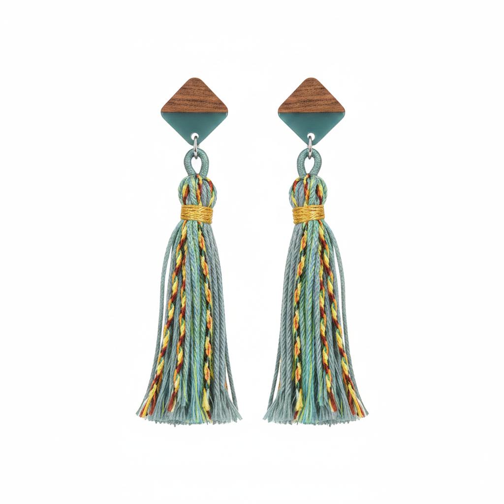 Green Polyster and Resin Wood Silvertone Tassel Statement Drop Earrings, silver drop earrings for women, side view