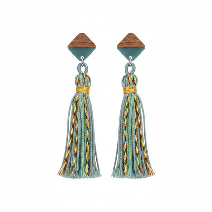Green Polyster and Resin Wood Silvertone Tassel Statement Drop Earrings, silver drop earrings for women, side view