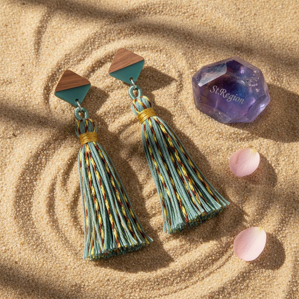 Green Polyster and Resin Wood Silvertone Tassel Statement Drop Earrings, silver drop earrings for women, detail close-up